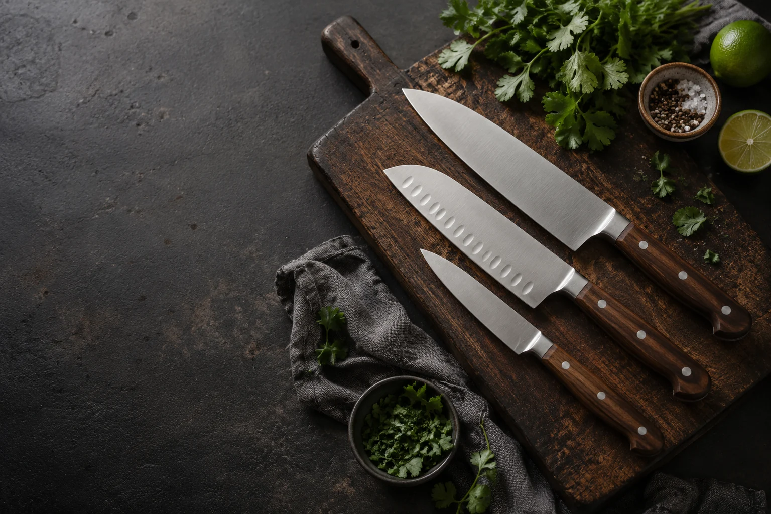 Stainless steel kitchen knives on a wooden cutting board with fresh herbs and lime
